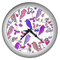 Flowers And Birds Pink Wall Clocks (silver) 