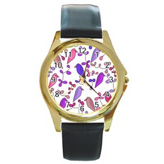 Flowers And Birds Pink Round Gold Metal Watch by Valentinaart