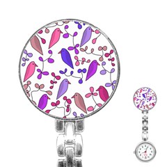 Flowers And Birds Pink Stainless Steel Nurses Watch by Valentinaart