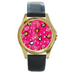 Rainy Day - Pink Round Gold Metal Watch by Moma