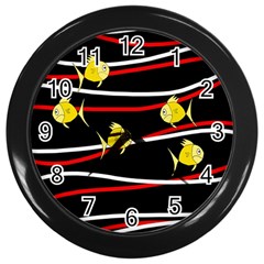 Five Yellow Fish Wall Clocks (black) by Valentinaart