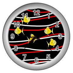 Five Yellow Fish Wall Clocks (silver) 