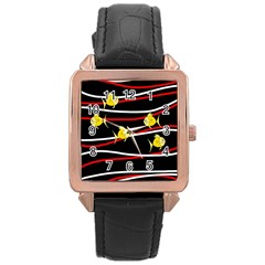 Five Yellow Fish Rose Gold Leather Watch 