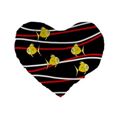 Five Yellow Fish Standard 16  Premium Flano Heart Shape Cushions by Valentinaart