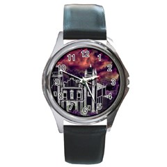 Fantasy Tropical Cityscape Aerial View Round Metal Watch