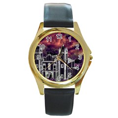 Fantasy Tropical Cityscape Aerial View Round Gold Metal Watch by dflcprints