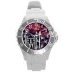 Fantasy Tropical Cityscape Aerial View Round Plastic Sport Watch (L) Front