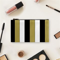 Black Brown Gold White Stripes Elegant Festive Stripe Pattern Cosmetic Bag (small)  by yoursparklingshop