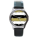 Black Brown Gold White Horizontal Stripes Elegant 8000 Sv Festive Stripe Round Metal Watch Front