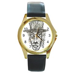 Man With Hat Head Pencil Drawing Illustration Round Gold Metal Watch