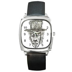 Man With Hat Head Pencil Drawing Illustration Square Metal Watch by dflcprints