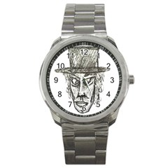 Man With Hat Head Pencil Drawing Illustration Sport Metal Watch