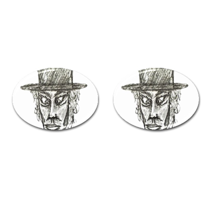 Man With Hat Head Pencil Drawing Illustration Cufflinks (Oval)