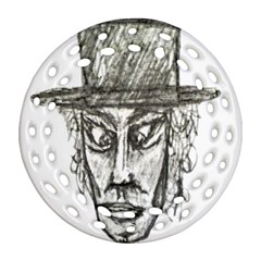 Man With Hat Head Pencil Drawing Illustration Ornament (round Filigree)  by dflcprints