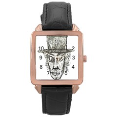 Man With Hat Head Pencil Drawing Illustration Rose Gold Leather Watch 