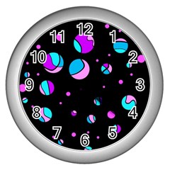 Blue And Purple Dots Wall Clocks (silver)  by Valentinaart