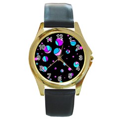 Blue And Purple Dots Round Gold Metal Watch