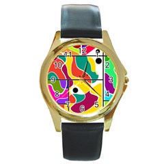 Colorful Windows  Round Gold Metal Watch by Valentinaart