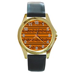 Orange Barbwire Pattern Round Gold Metal Watch