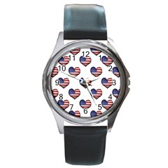 Usa Grunge Heart Shaped Flag Pattern Round Metal Watch