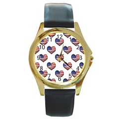 Usa Grunge Heart Shaped Flag Pattern Round Gold Metal Watch