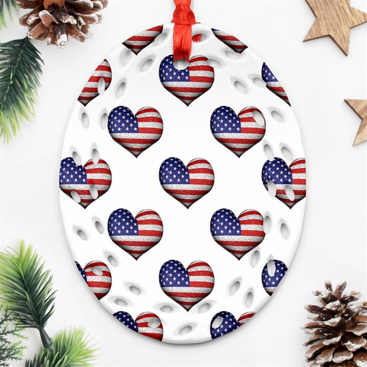 Usa Grunge Heart Shaped Flag Pattern Oval Filigree Ornament (2-Side) 