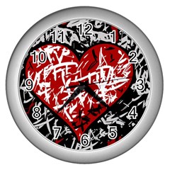 Red Graffiti Style Hart  Wall Clocks (silver) 