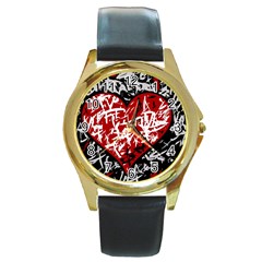 Red Graffiti Style Hart  Round Gold Metal Watch by Valentinaart