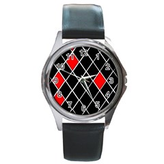 Elegant Black And White Red Diamonds Pattern Round Metal Watch by yoursparklingshop