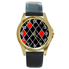 Elegant Black And White Red Diamonds Pattern Round Gold Metal Watch