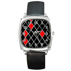 Elegant Black And White Red Diamonds Pattern Square Metal Watch by yoursparklingshop