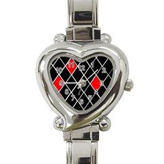 Elegant Black And White Red Diamonds Pattern Heart Italian Charm Watch by yoursparklingshop