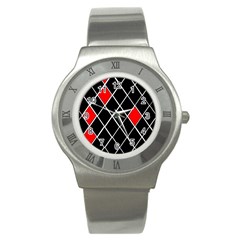 Elegant Black And White Red Diamonds Pattern Stainless Steel Watch