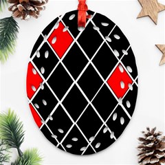 Elegant Black And White Red Diamonds Pattern Ornament (oval Filigree) 