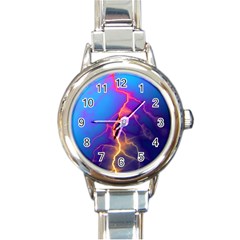 Lightning Colors, Blue Sky, Pink Orange Yellow Round Italian Charm Watch by picsaspassion