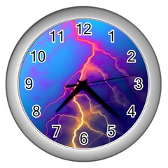 Lightning Colors, Blue Sky, Pink Orange Yellow Wall Clocks (silver)  by picsaspassion