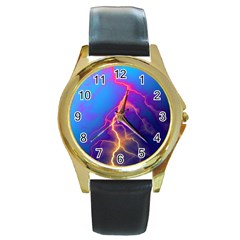 Lightning Colors, Blue Sky, Pink Orange Yellow Round Gold Metal Watch by picsaspassion