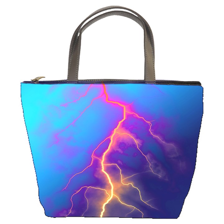 Lightning colors, blue sky, pink orange yellow Bucket Bags