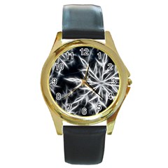 Snowflake In Feather Look, Black And White Round Gold Metal Watch by picsaspassion