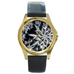 Snowflake in feather look, black and white Round Gold Metal Watch Front