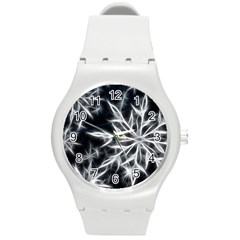 Snowflake In Feather Look, Black And White Round Plastic Sport Watch (m) by picsaspassion