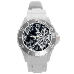 Snowflake In Feather Look, Black And White Round Plastic Sport Watch (l) by picsaspassion