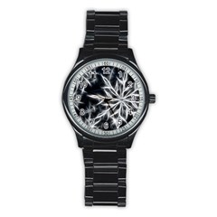 Snowflake In Feather Look, Black And White Stainless Steel Round Watch by picsaspassion