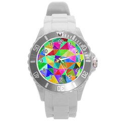 Triangles, Colorful Watercolor Art  Painting Round Plastic Sport Watch (l)