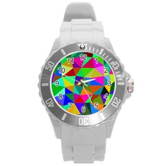 Colorful Triangles, Oil Painting Art Round Plastic Sport Watch (l)