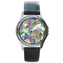 Colorful Triangles, Pencil Drawing Art Round Metal Watch