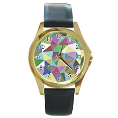 Colorful Triangles, Pencil Drawing Art Round Gold Metal Watch