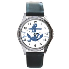 Blue Anchor,  Aquarel Painting Art Round Metal Watch