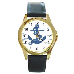 Blue Anchor,  Aquarel Painting Art Round Gold Metal Watch