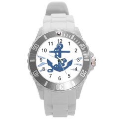 Blue Anchor,  Aquarel Painting Art Round Plastic Sport Watch (l)